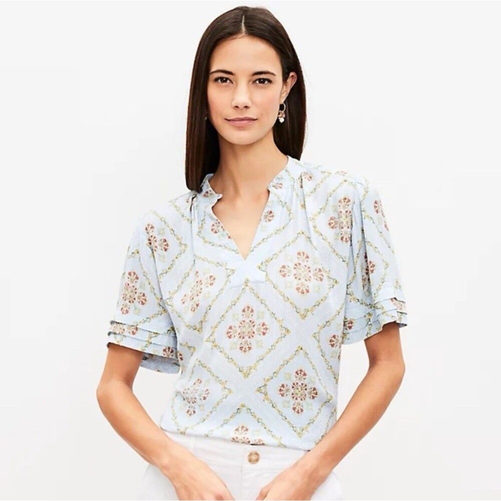 Loft Tuilerie Pleated Cuff Top Blouse XS Cottage Prairie Casual Career Office